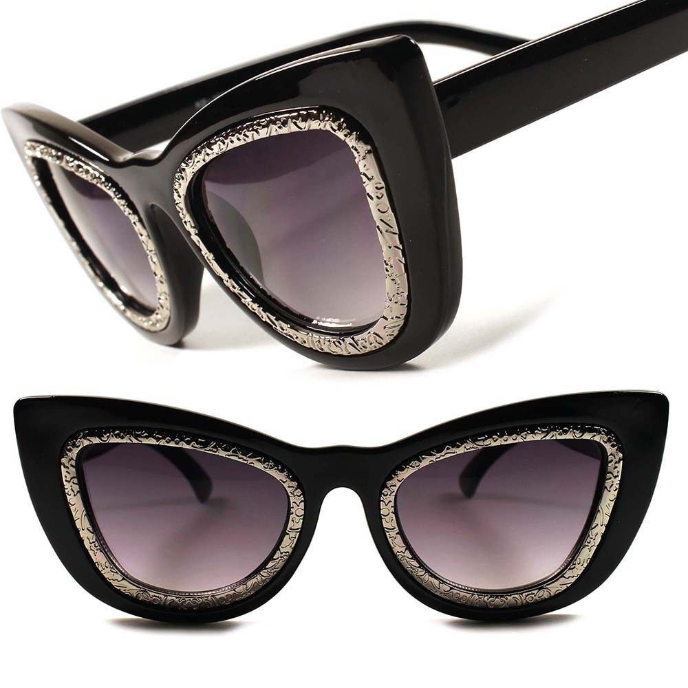 Womens Bold Glamorous Black Cat Eye Sunglasses Silver Detail Around